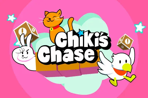 Imagem colorida com fundo rosa mostrando três personagens fofos: um coelho, um gato e um pássaro branco voando, todos em estilo cartoon. Ao centro, o título "Chiki's Chase" em letras grandes e divertidas, com blocos estilo jogo de plataforma ao fundo.